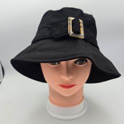Women's Black Wide BrimCotton w/Buckle Accent Cloche BucketHat