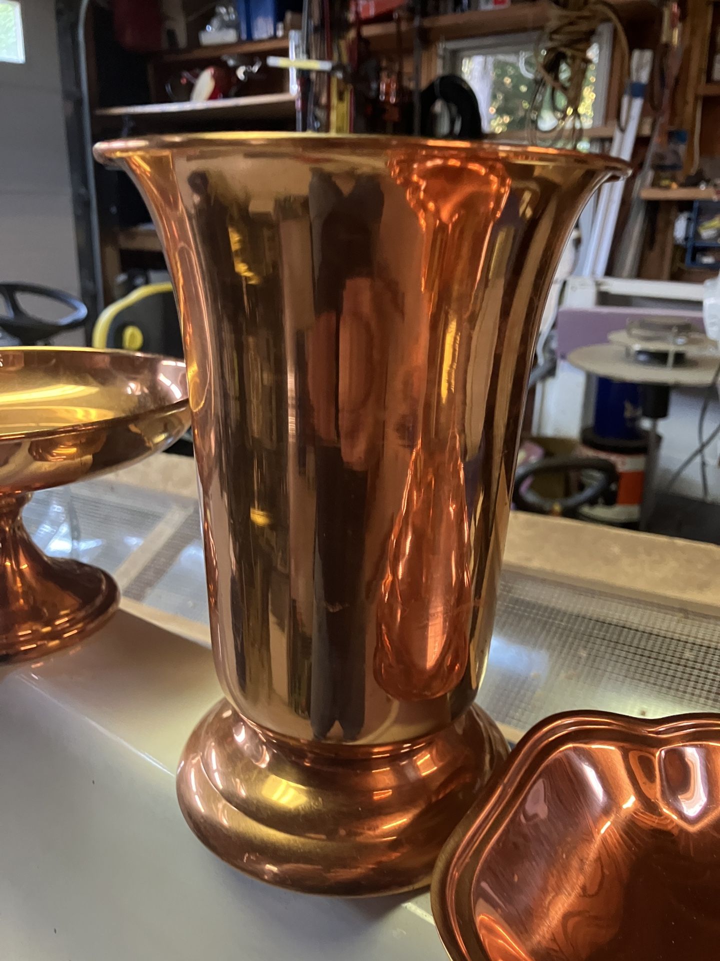 Vintage Polished Shiny Copper Candy Dishes, Serving Tray, Pitcher And Cups