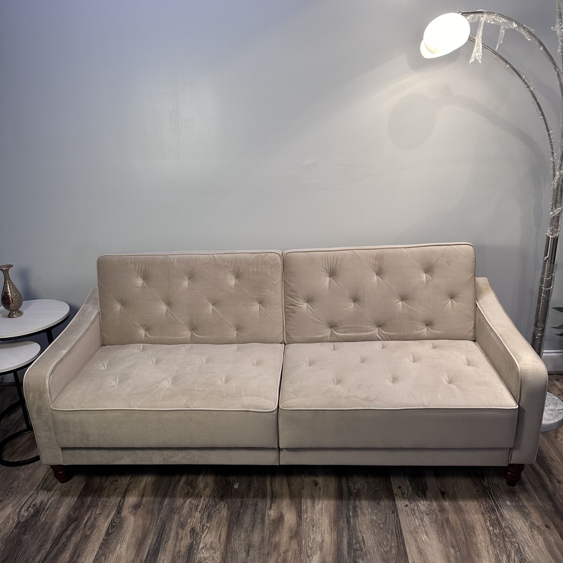 Vintage Tufted Split Back Futon in Taupe Velvet Sofa