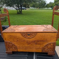 Unique Early/Mid 1900s Wedding/Blanket Chest With Doweled Arms For Quilt Hanging 