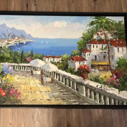 Original Oil Painting 38x26 Signed Mediterranean Seascape