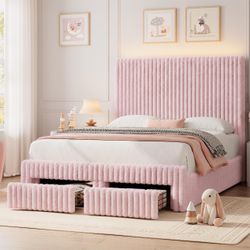 New Pink Full Size Faux Fur Bed Frame with LED Headboard, Modern Bed Frame with Drawer