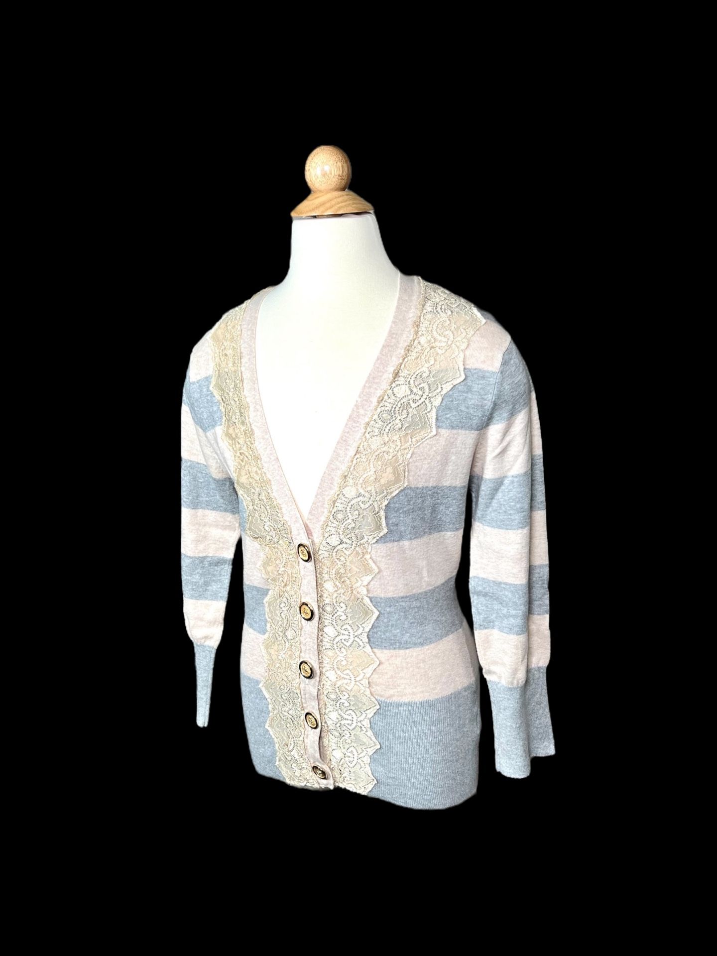Beige Grey Striped Lace Trim Kids Cardigan sz L-XL