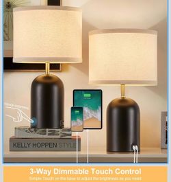 TouchControl Table Lamps Set Of 2, Modern Bedside Lamp With 2 USB Ports, Dimmable Gold And Black Nightstand Lamp With Fabric Shade For Living Room Bed