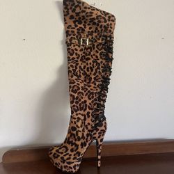 Corset Back Stiletto Leopard High Thigh Boots