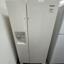 33”W Open Box Whirlpool Refrigerator, One Year Warranty, Biscuit Color, 21.4 Cu Ft, Side By Side