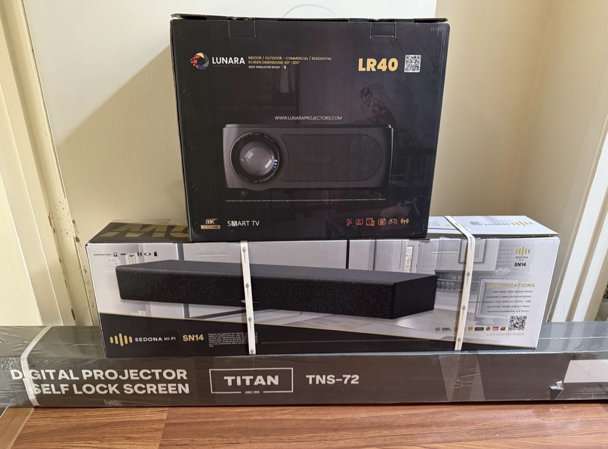 8K Projector, Screen, and Soundbar