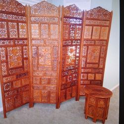 Vintage Pierced Teak Four Panel Room Divider Privacy Screen And Side Table Vintage 1970s