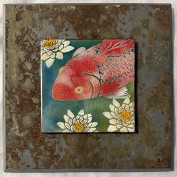 Vintage Signed Koi Art Tile on Stone Slab Hand-Dated 05/03 Heavy Studio Art Wall Hanging or Trivet  This striking signed studio art piece features a v