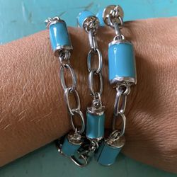 Turquoise Color Cylindrical Bead Triple Strand Silver Tone Chain Bracelet Adjust