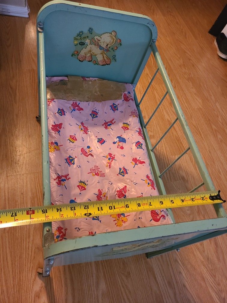 Vintage Metal Doll Crib On Wheels