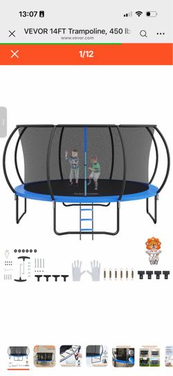 VEVOR 14FT Trampoline, 450 lbs Trampoline with Enclosure Net, Ladder, and Curved Pole, Heavy Duty Trampoline with Jumping Mat and Spring Cover Padding