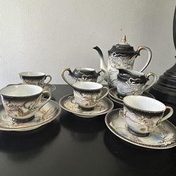 Vintage Fleetwood China Hand Painted 3D Dragon Moriage Demi Teacup and Saucer Set- Made in Japan