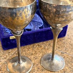 Vintage hammered brass silver-plated goblets with case