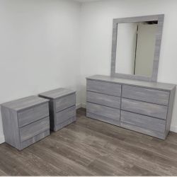 DRESSER WITH MIRROR AND TWO NIGHTSTANDS 