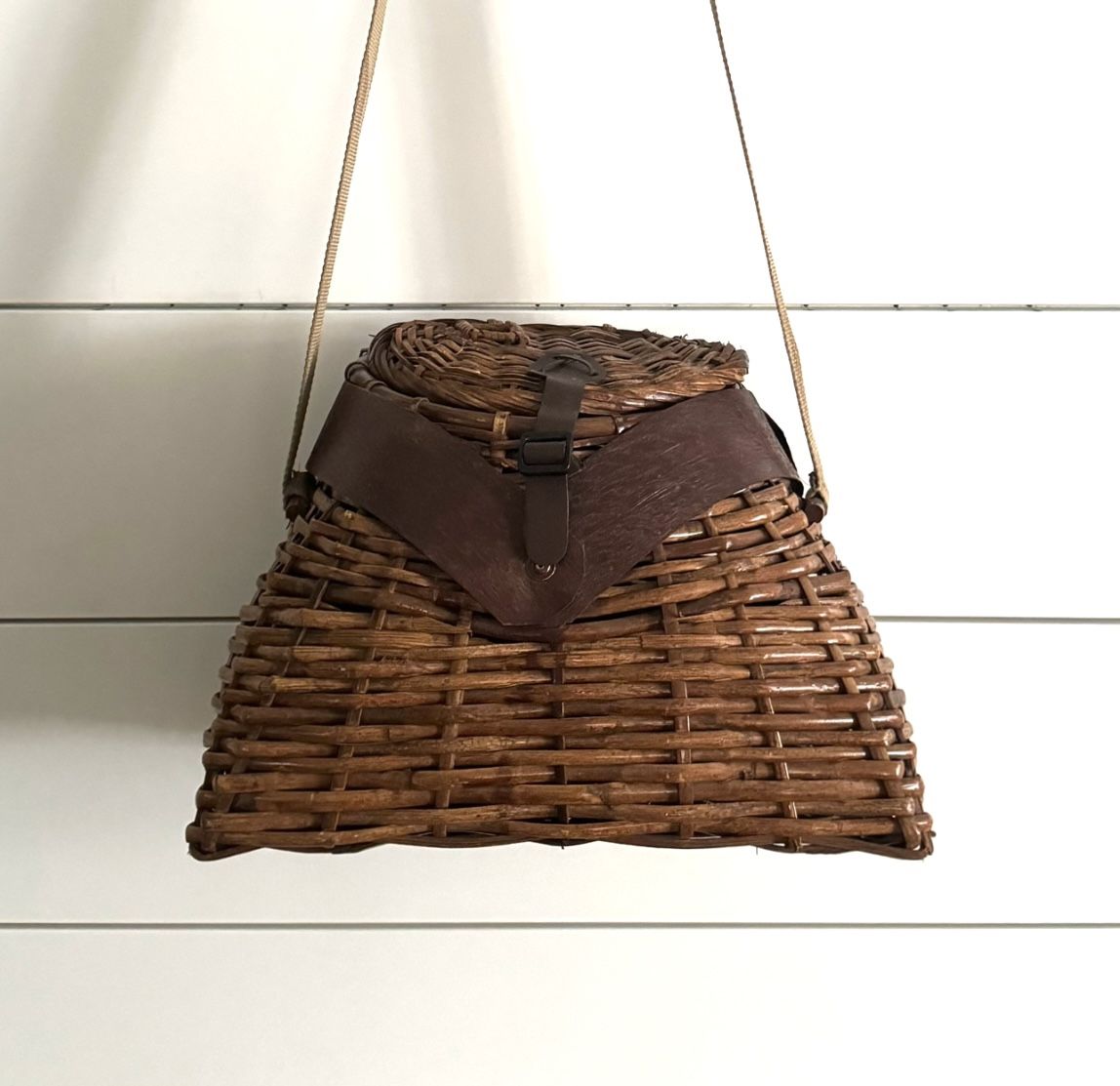Vintage Handmade Wicker Fishing Creel Basket w/ Canvas Strap Cottagecore