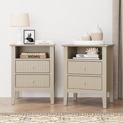 #42 Beige Fluted Nightstand set of 2 , Colorful Nightstand with 2 Drawers, Modern Wooden End Table with Storage for Small Spaces, Side Table for Bedro