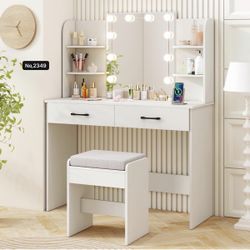 Vanity Desk with Mirror and Lights,Makeup Vanity Table with Large Drawers, Storage Shelves, Charging Station, 3 Lighting Modes, Modern Vanity Dressing
