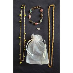 4pc Necklace & Natural Gemstone Bracelet Set Gold Fill