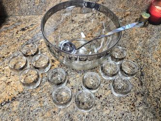 Dorothy Thorpe Style Silver Rimmed Glass Punch Bowl Set