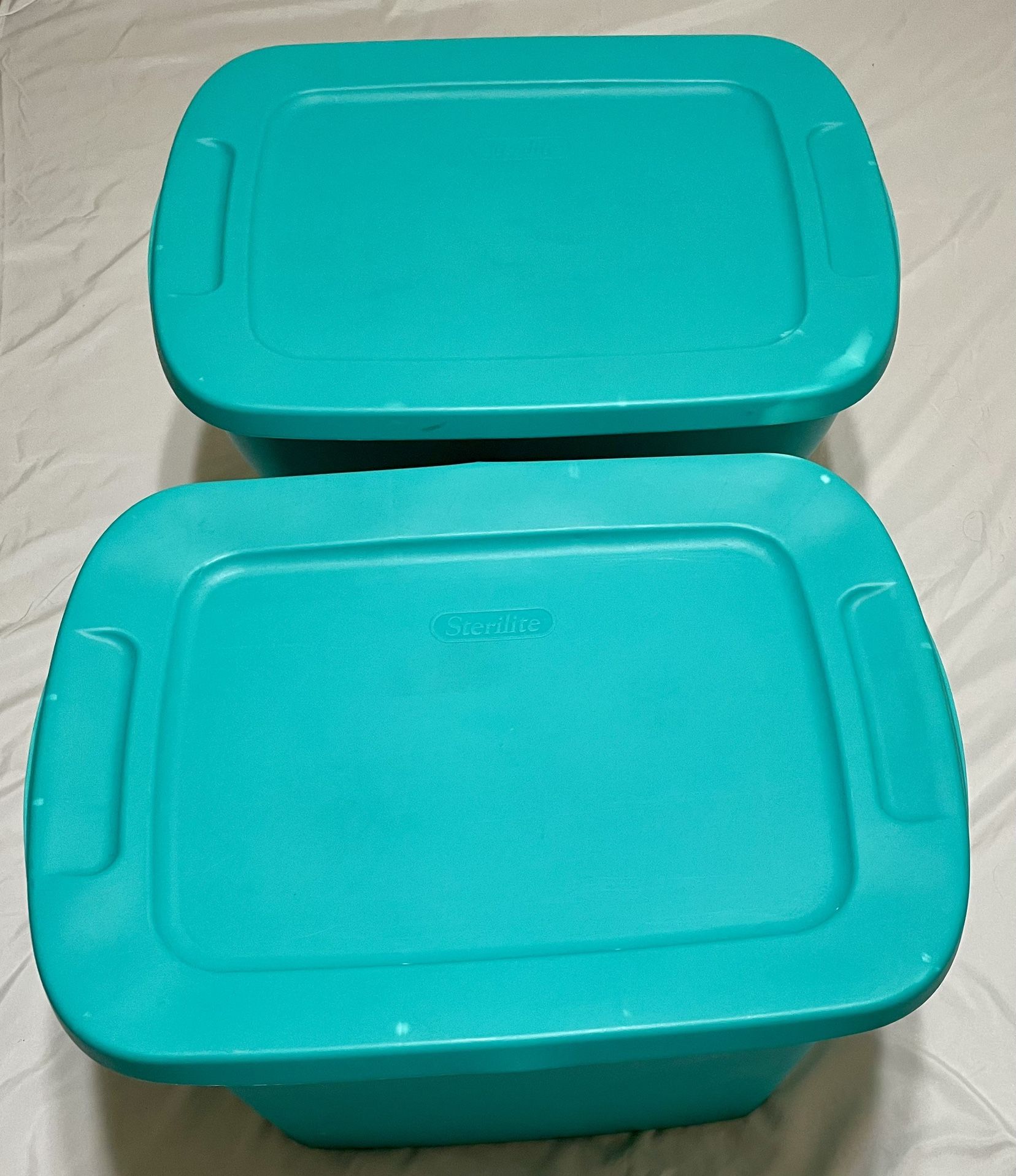 Two Super Clean 18 gallon Sterilite Storage Containers Bins Tote Boxes - Very Pretty Aqua Color - Now $10 for both