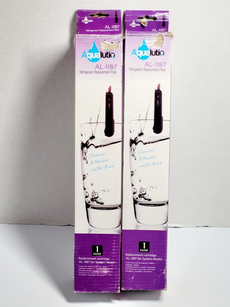 (Lot Of 2) Sealed Aqualutio Water Refrigerator Black Replacement Filters AL-1187. Damaged boxes. The image shows Aqualutio AL-1187 refrigerator replac