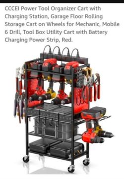 CCCEI Power Tool Organizer Cart with Charging Station, Garage Floor Rolling Storage Cart on Wheels for Mechanic, Mobile 6 Drill, Tool Box Utility Cart