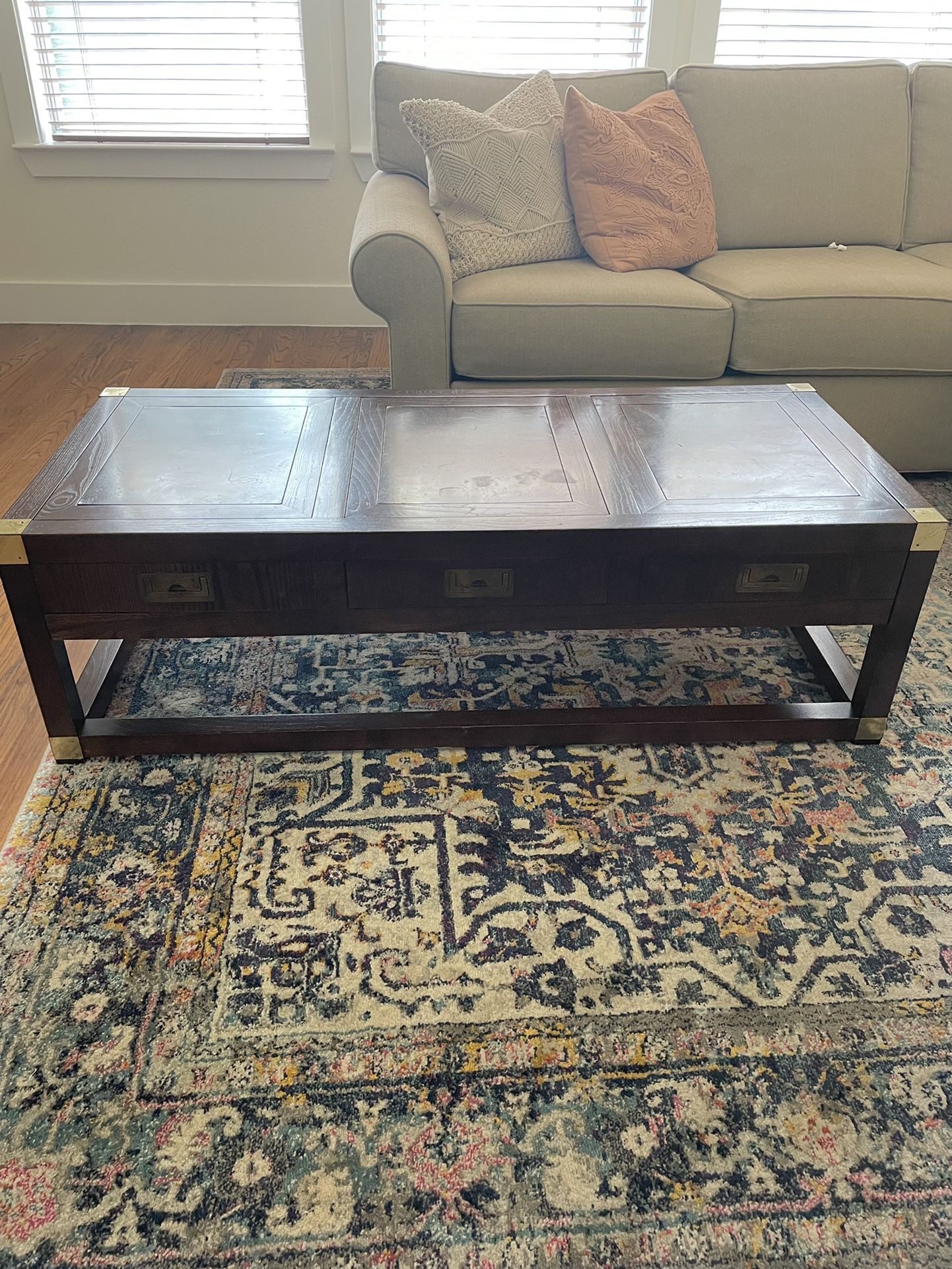Brown Antique Coffee Table With Gold Trim 