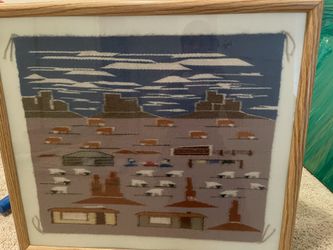 Authentic 1970s Navajo Pictorial Reservation Scene Rug - Framed
