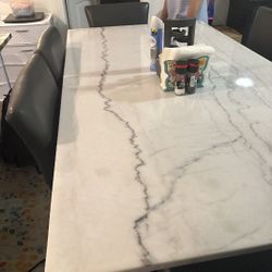 6 Person Marble Top Dining Table With Metropolitan Serving Hutch 