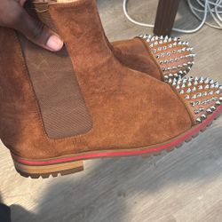 men's christian louboutin spike boots brown