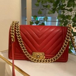 Authentic Chanel Red Caviar Medium Boy 