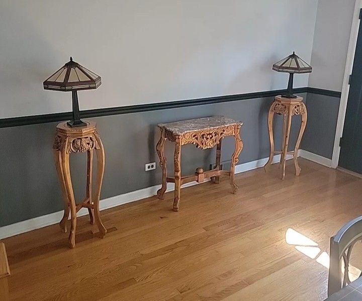 Three Matching Hand Carved Wood Tables With Marble Tops