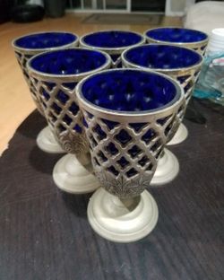 Set of 6 Beautiful Antique Metal Cups Cobalt blue interior and metal ice bucket