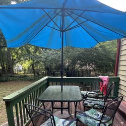 Patio Set Large Table Four Chairs Weighted Umbrella Stand