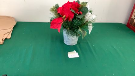 Artificial Holiday Flower Arrangement With Merry Christmas On The Pot 