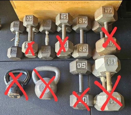 READ DESCRIPTION Dumbbells Weights Kettlebell Barbell Bumper Plates
Price is $1 per pound for Dumbbells and Kettlebells. $450 for all.
Also selling