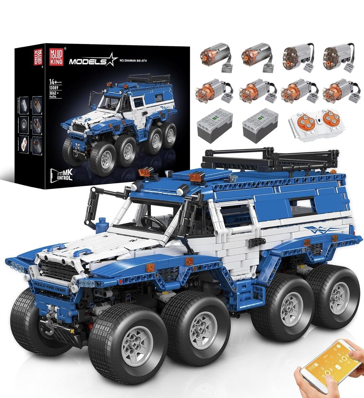 Mould King 13089 Off-Road Pickup Trucks Building Kits, MOC Shaman 8x8 Off-Road Car Sets Model with Motor/APP Remote Control, Gift for Kids Age 8+/Adul