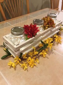 Table Centerpiece Handmade Farmhouse Reclaimed Wood w/ (3) Mason Jars LED Lights