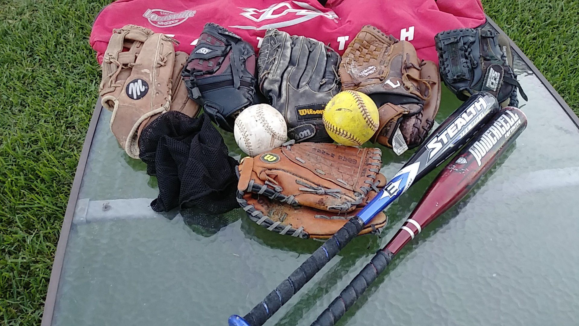 Baseball gloves , bats , bag , and balls