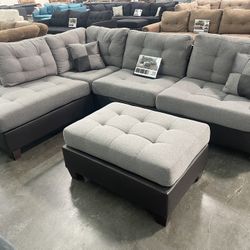 Grey Sectional Sofa With Chaise Lounge & Ottoman