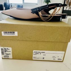 New -JOHN GALLIANO Logo Chain Trim Leather Slingback Flats