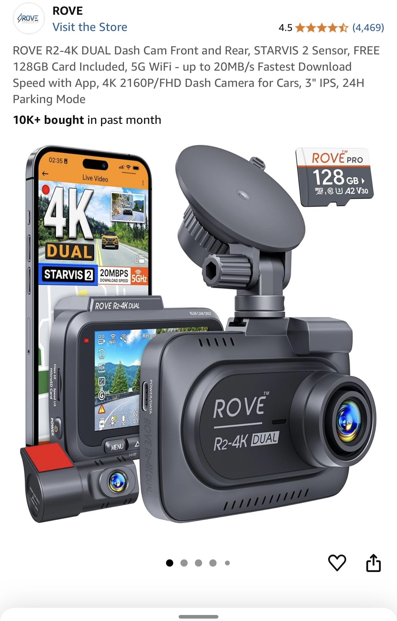 ROVE R2-4K DUAL Dash Cam Front and Rear, STARVIS 2 Sensor, FREE 128GB Card Included, 5G WiFi - up to 20MB/s Fastest Download Speed with App, 4K 2160P/
