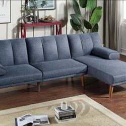 Brand New Blue Futon Sofa Sleeper With Chaise Lounge 