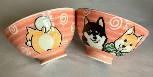 Two New Pink Shiba Inu Mino ware Japanese Rice Bowls