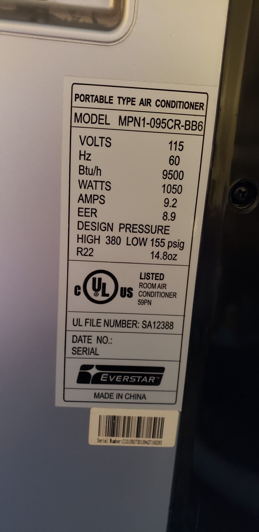 Portable Air Conditioner Everstar MPN1095CRBB6 for Sale in San Jose