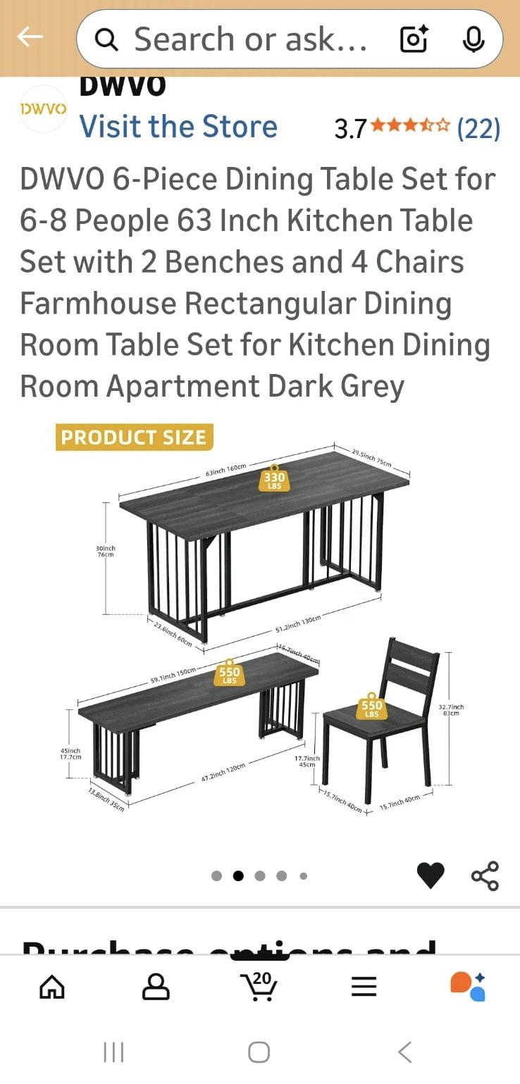 6-Piece Dining Table Set for 6-8 People 63 Inch Kitchen Table Set with 2 Benches and 4 Chairs