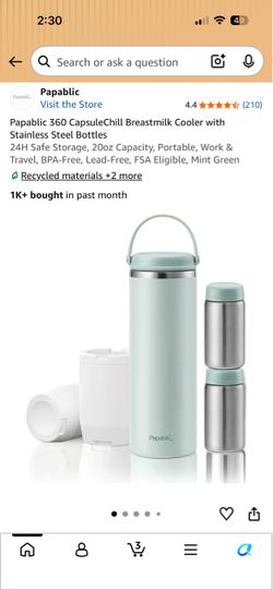 Papablic 360 CapsuleChill Breastmilk Cooler with Stainless Steel Bottles 24H Safe Storage, 20oz Capa