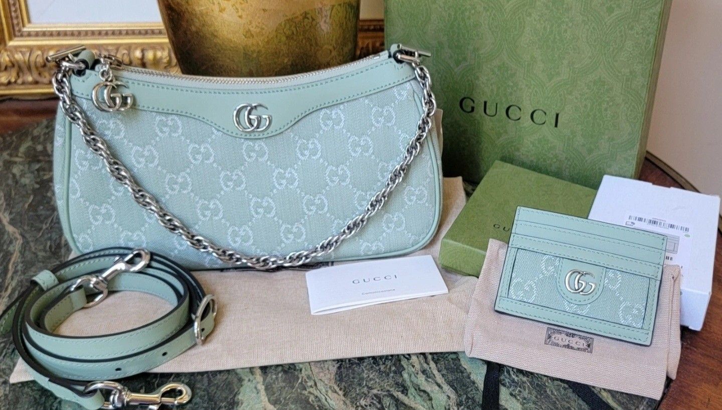SET NWT GUCCI OPHIDIA SMALL GREEN DENIM SHOULDER BAG & CARD CASE