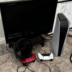 Good Price. PlayStation 5 . Little To No Use. Low Price. 2 Controllers & Headset. & A Monitor
